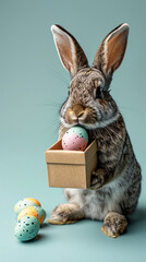 A cute bunny holds a box of painted colorful Easter eggs against a blue background.