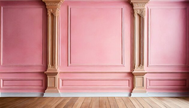 composition of wood moulding in classic detail installed on pink painted wall background image texture
