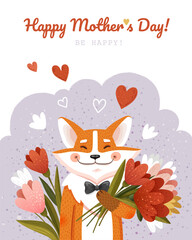 Happy Mothers Day Card with red fox and flowers, hearts