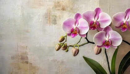 Fototapeta na wymiar pink orchid on the textured wall mural wallpaper for internal printing