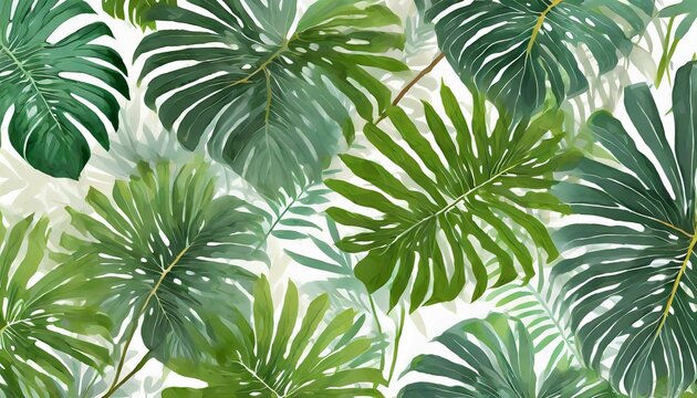 abstract foliage and botanical background green tropical forest wallpaper of monstera leaves palm leaf branches in hand drawn pattern exotic plants background for banner prints decor wall art
