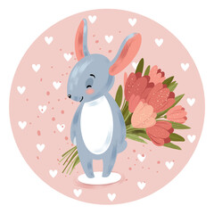 Cute rabbit with bouquet of tulips . Vector illustration