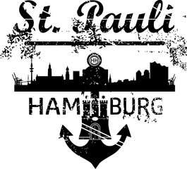Grunge Vektor Silhouette- Hamburg St. Pauli - Anker und Skyline der Stadt - Schriftzug - obrazy, fototapety, plakaty
