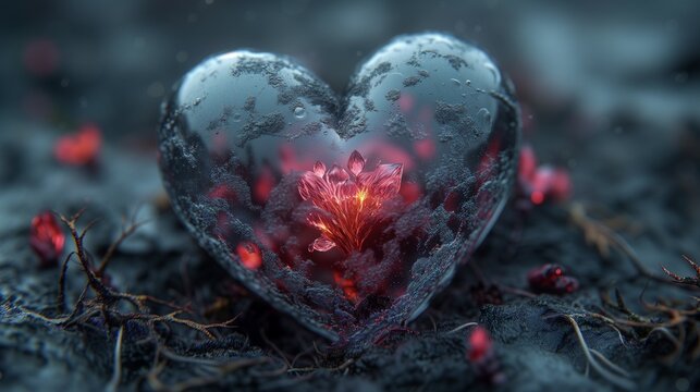 heart made of transparent glass on the ground with a blooming fire flame flower inside of it. 