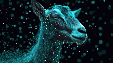  a close up of a goat with a lot of dots on it's face and it's head in the middle of the frame, with a black background.
