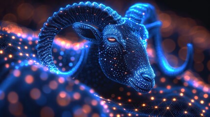  a close up of a ram with a lot of dots on it's face and a string of lights around it's neck and it's neck.