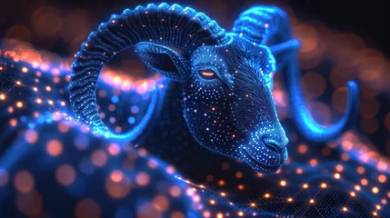 Fototapeten  a close up of a ram with a lot of dots on it's face and a string of lights around it's neck and it's neck. © Nadia