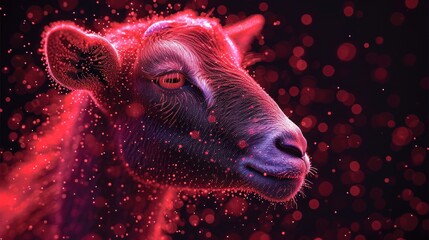 a close up of a cow's face on a black background with a red and pink boke of light coming out of the cow's eyes and the cow's head.
