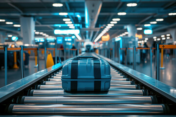 An automated conveyor belt line moves suitcases for inspection at airport AI Generation