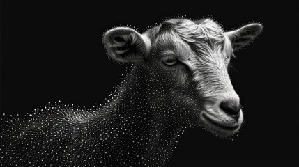  a black and white photo of a sheep's head with a lot of small dots on it's body and it's face, with a black background.