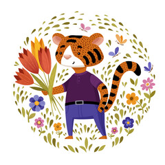 Smiling tiger with bouquet of tulips. Vector