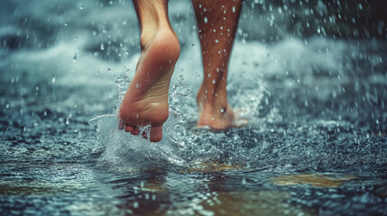 Close up photo of a man's feet stepping on water, water splashing, short exposure, shallow depth of field