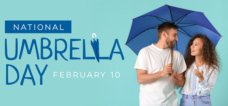 Happy young couple with umbrella on color background