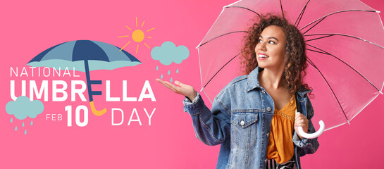 Stylish African-American woman with umbrella on color background