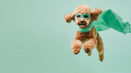 A charming brown poodle, adorned with a pastel green coat and mask, joyfully leaps and soars against a bright green backdrop, creating a lively scene with space for copying.