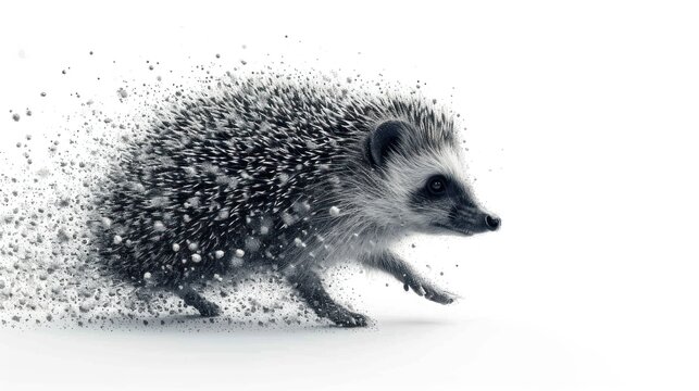 a black and white photo of a porcupine sprinkled with water droplets on it's back legs and back legs, in front of a white background.
