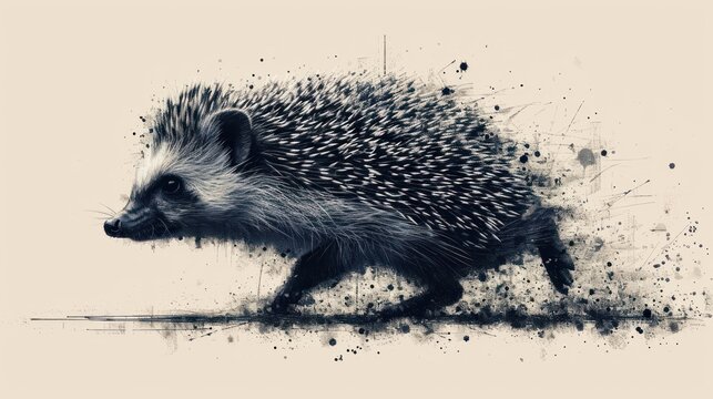  a black and white photo of a porcupine on a white background with a splash of black paint on the top of the image and bottom half of the image.