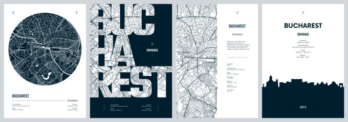 Set of travel posters with Bucharest, detailed urban street plan city map, Silhouette city skyline, vector artwork - 723362324