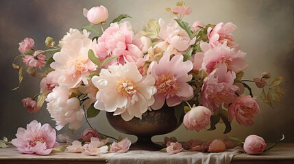 Romanticism of a bouquet of pastel hued peonies