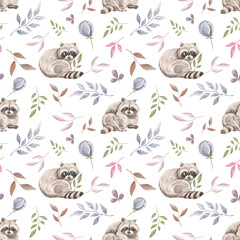 Hand drawn watercolor texture pattern with raccoon. Floral animal pattern. Print for fabric. Home textiles. Children's theme. Cute kawaii raccoon. Cute watercolor. Japan, China.