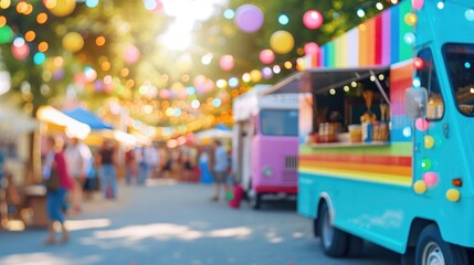 Generative AI, Food truck street festival on the morning, blurred background, atmospheric bokeh, muted colors	
