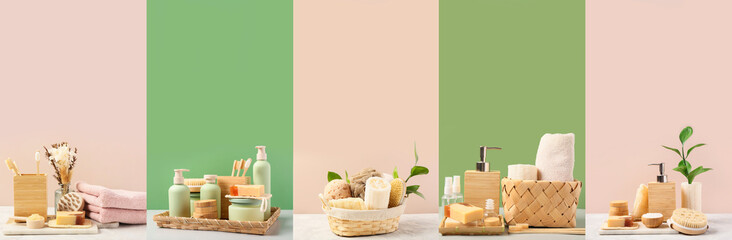 Fototapeta na wymiar Set of bathing cosmetics and supplies on beige and green backgrounds