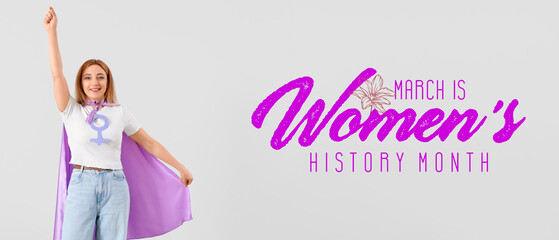 Mature woman dressed as superhero on light background. Banner for Women's History Month