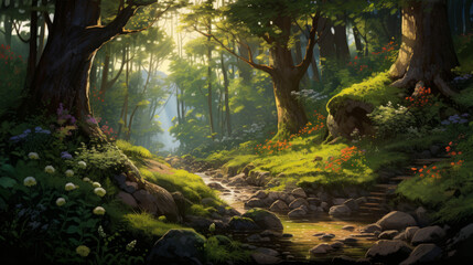 Naklejka premium Tranquil forest scene with dappled sunlight filtering through the trees