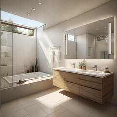 A modern, minimalist bathroom in a 5,000 square-foot space, emphasizing a spacious layout with simple lines, a neutral color palette, and a focus on functionality, including sleek fixtures and a minim