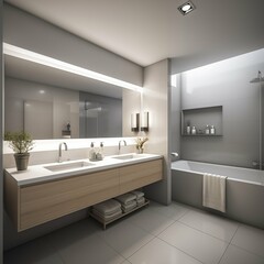 Fototapeta na wymiar A modern, minimalist bathroom in a 5,000 square-foot space, emphasizing a spacious layout with simple lines, a neutral color palette, and a focus on functionality, including sleek fixtures and a minim