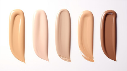 Different shades of liquid skin foundation on white background, top view.