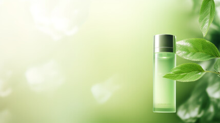 Cosmetic bottle with tropical leaves on the green background with copy space