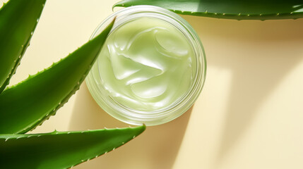 Fresh aloe vera leaves and glass jar of aloe vera juice
