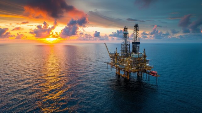 Aerial view offshore drilling rig (jack up rig) at the offshore location during sunset