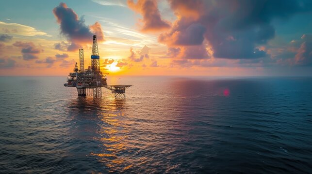 Aerial view offshore drilling rig (jack up rig) at the offshore location during sunset