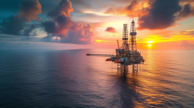Aerial view offshore drilling rig (jack up rig) at the offshore location during sunset