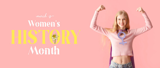 Female superhero with symbol of woman on pink background. Banner for Women's History Month