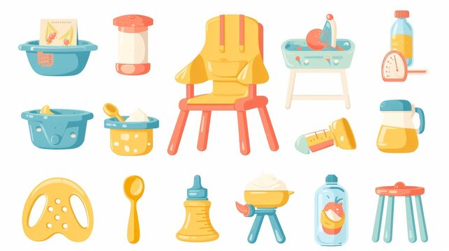 Baby food preparation. Chair, bib, nipple, silicone plate, bottle, measuring spoon, powdered milk, pure vector icons. Colored feeding stuff for an infant. Kitchen equipment concept. Items isolated