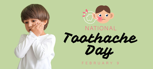 Banner for National Toothache Day with little boy having problems with teeth