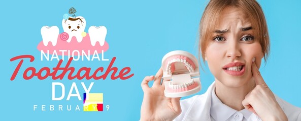 Banner for National Toothache Day with confused woman holding jaw model