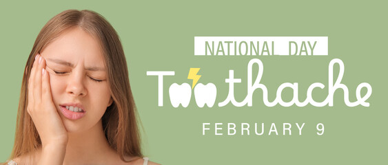 Banner for National Toothache Day with woman having problems with teeth