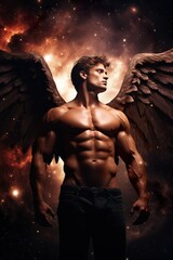 man angel with big wings at heaven, person archangel with muscular torso and perfect athletic body