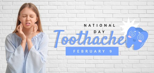 Banner for National Toothache Day with woman having problems with teeth