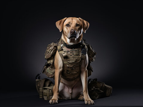 a dog wearing military vest