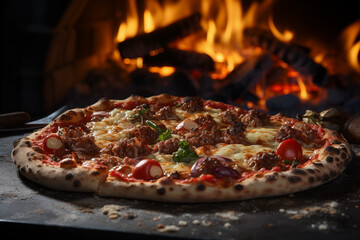 Steinofenpizza in einer rustikalen Küche eines Pizzabäckers, Knusprige und frische Pizza aus dem Steinofen mit Holzfeuer