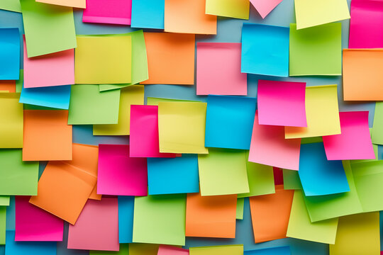 Colorful abstract background pattern of empty sticky notes, colorful set of blank sticky notes stick on the wall, colorful empty blank sticky notes pasted on an office notice board, blank note paper © Ishra