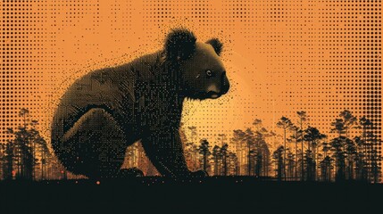  a black and orange picture of a bear crouching in front of an orange and black background with trees in the background and a halftone of the image of a bear.