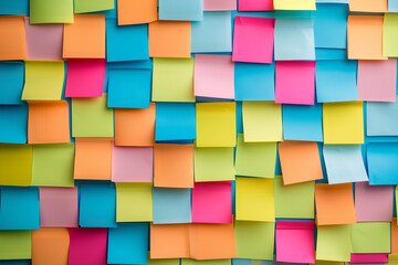Colorful abstract background pattern of empty sticky notes, colorful set of blank sticky notes stick on the wall, colorful empty blank sticky notes pasted on an office notice board, blank note paper