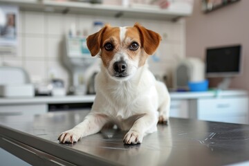 Beautiful dog on table in clinic