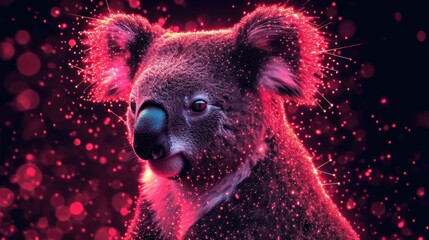  a close up of a koala on a black background with red and pink lights around it and a blurry image of the head of a koala in the foreground.